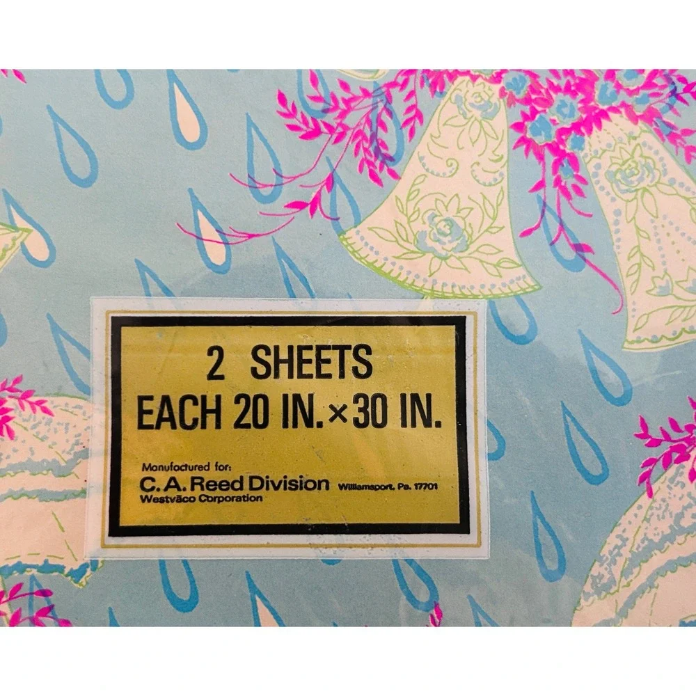 Vintage‎ CA Reed Bridal Shower Gift Wrap 2 Sheets Blue Pink lime 20x30